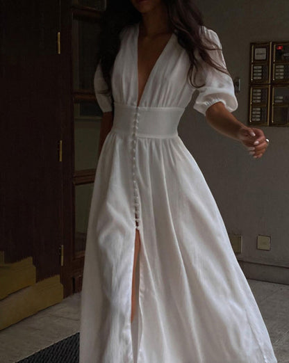 Frenchy Button Split Long Dress White