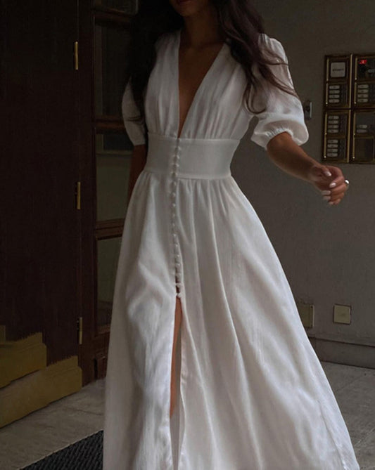 Frenchy Button Split Long Dress White