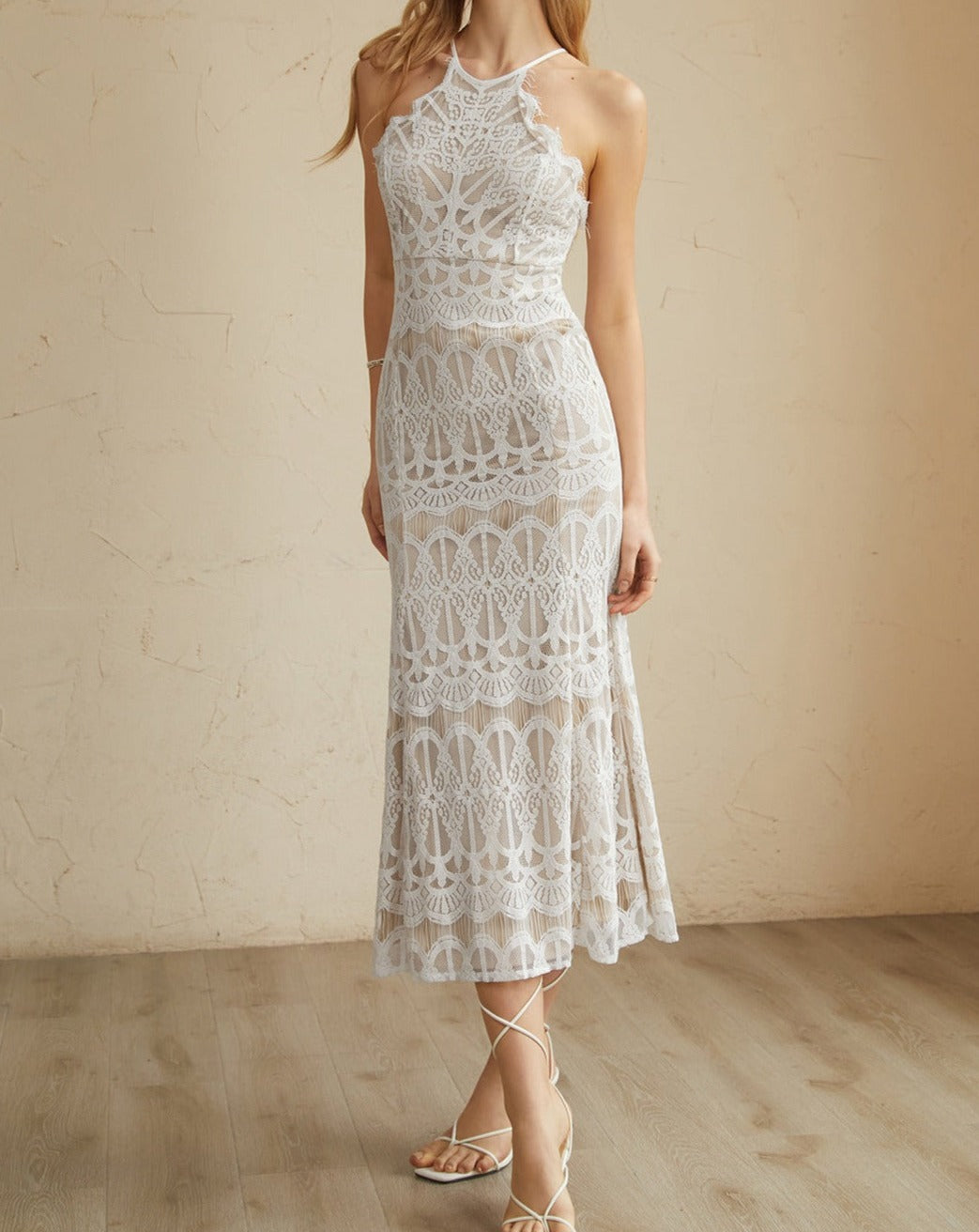 Glamorous Lace Halter Long Dress White