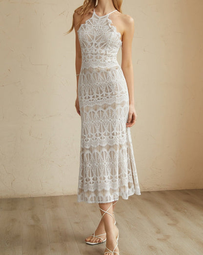 Glamorous Lace Halter Long Dress White