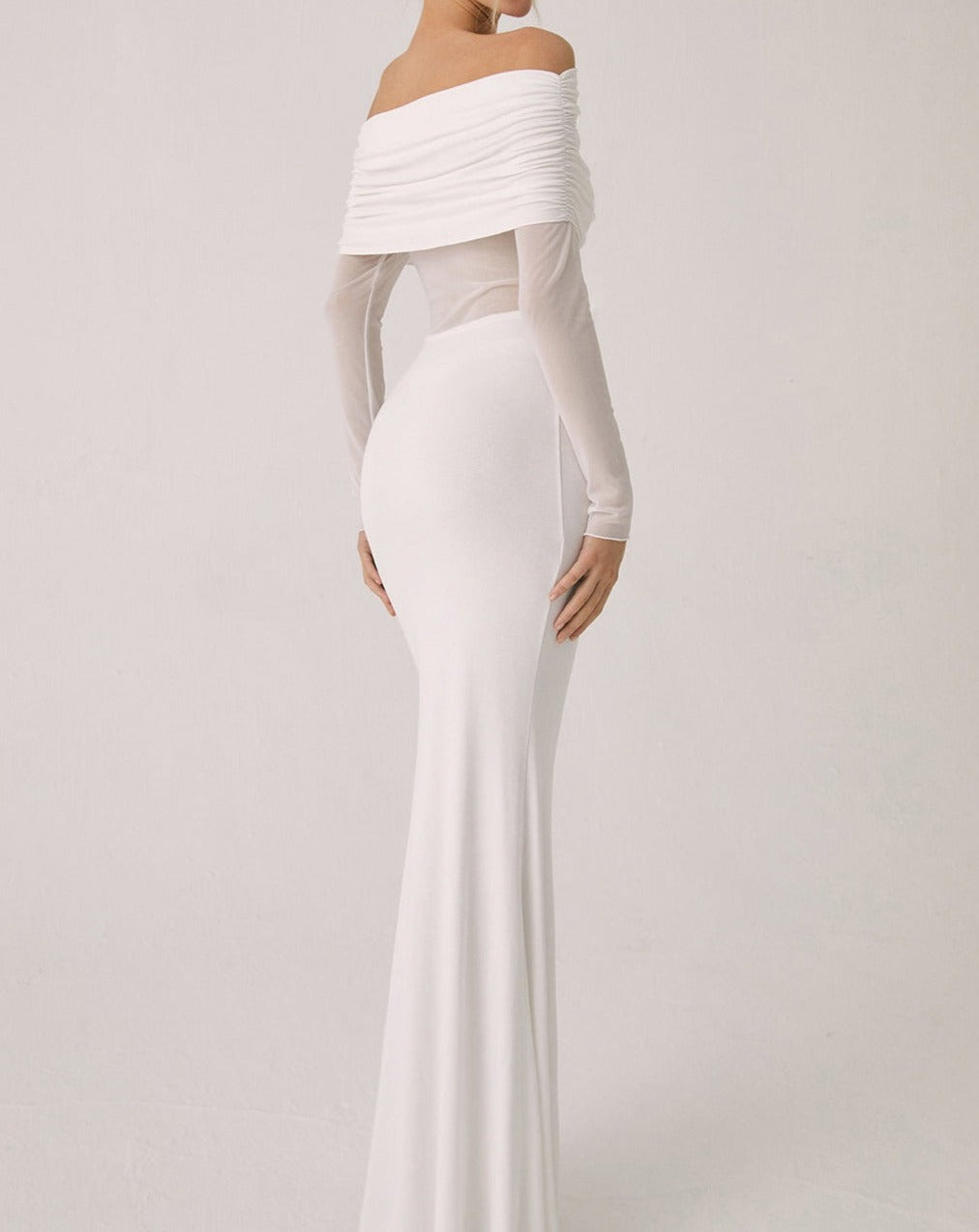 Overfold Off-Shoulder Mesh Long Sleeve Long Dress