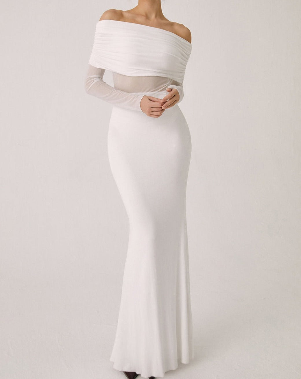 Overfold Off-Shoulder Mesh Long Sleeve Long Dress White