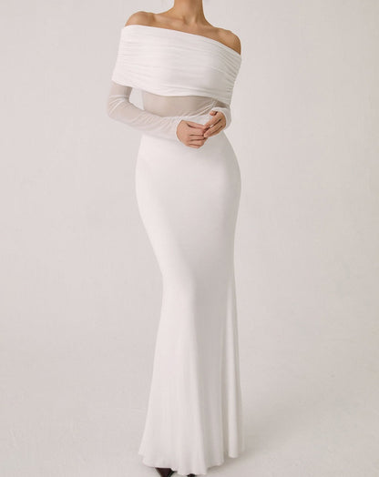 Overfold Off-Shoulder Mesh Long Sleeve Long Dress White