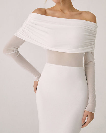 Overfold Off-Shoulder Mesh Long Sleeve Long Dress