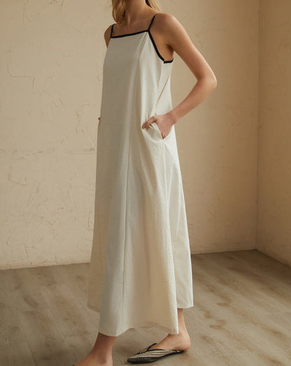 Minimalism Contrast Trim Long Dress Off-White