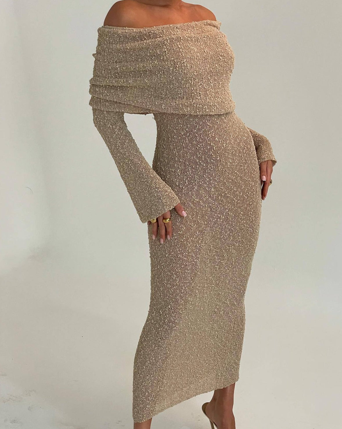 Off Shoulder Overfold Long Sleeve Sweater Long Dress Apricot