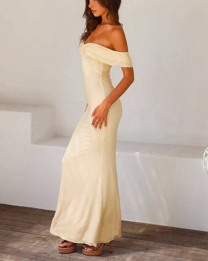 Off Shoulder Ruffle Satin Long Dress