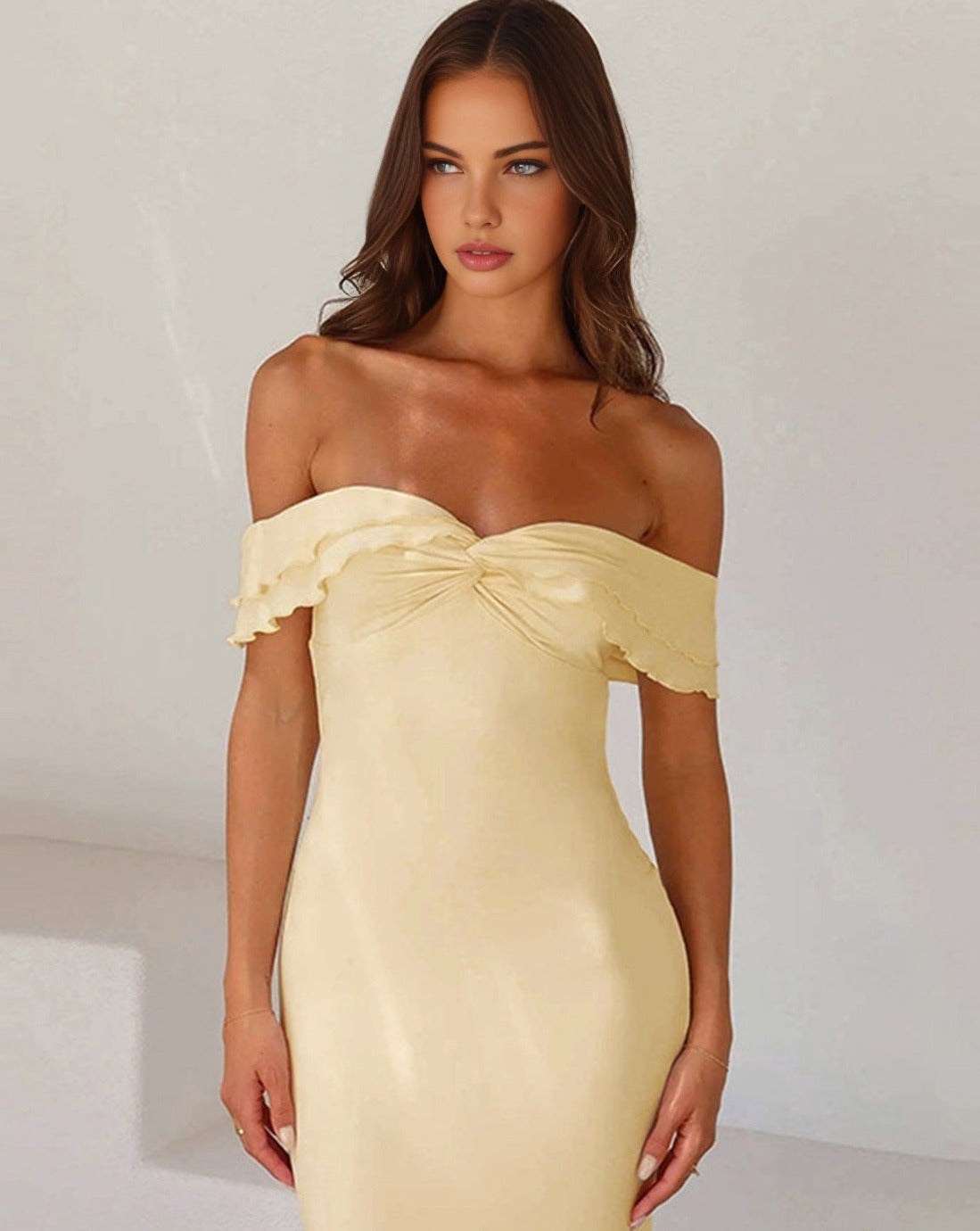 Off Shoulder Ruffle Satin Long Dress