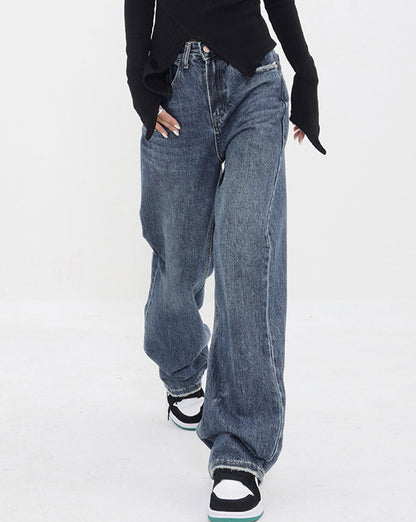 Patchwork Pockets Denim Wide Leg Boyfriend Jeans Blue