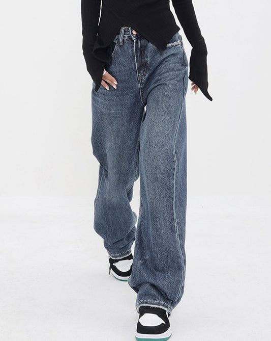 Patchwork Pockets Denim Wide Leg Boyfriend Jeans Blue