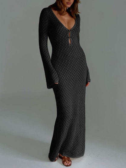 Cover Up Long Sleeve Open Back Long Dress Black