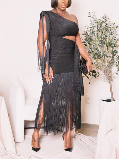 Glitter One-Shoulder Fringe Gown Dress