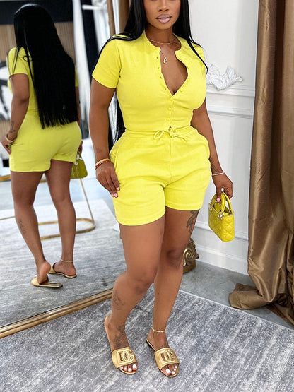 Ribbed Button Top & Drawstring Shorts Set