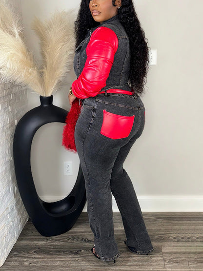 Leather Sleeve Denim Set