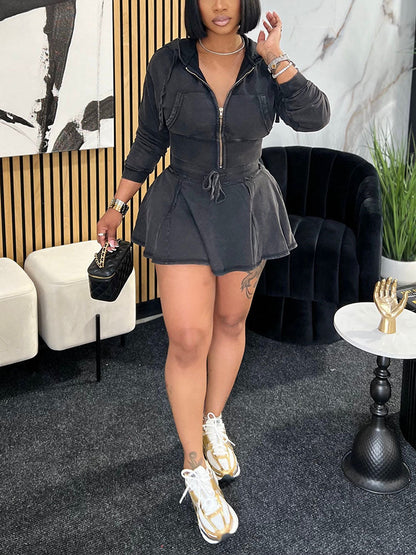 Washed Denim Cropped Jacket & Mini Skirt Set