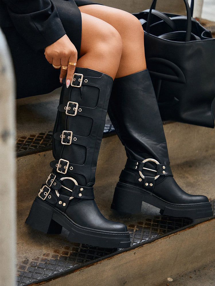 Buckle Leather Chunky Heel Biker Boots