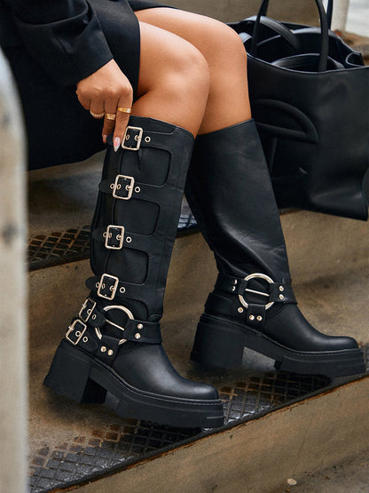 Buckle Leather Chunky Heel Biker Boots