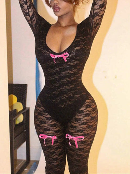 Bow Decor Lace Mesh Jumpsuit