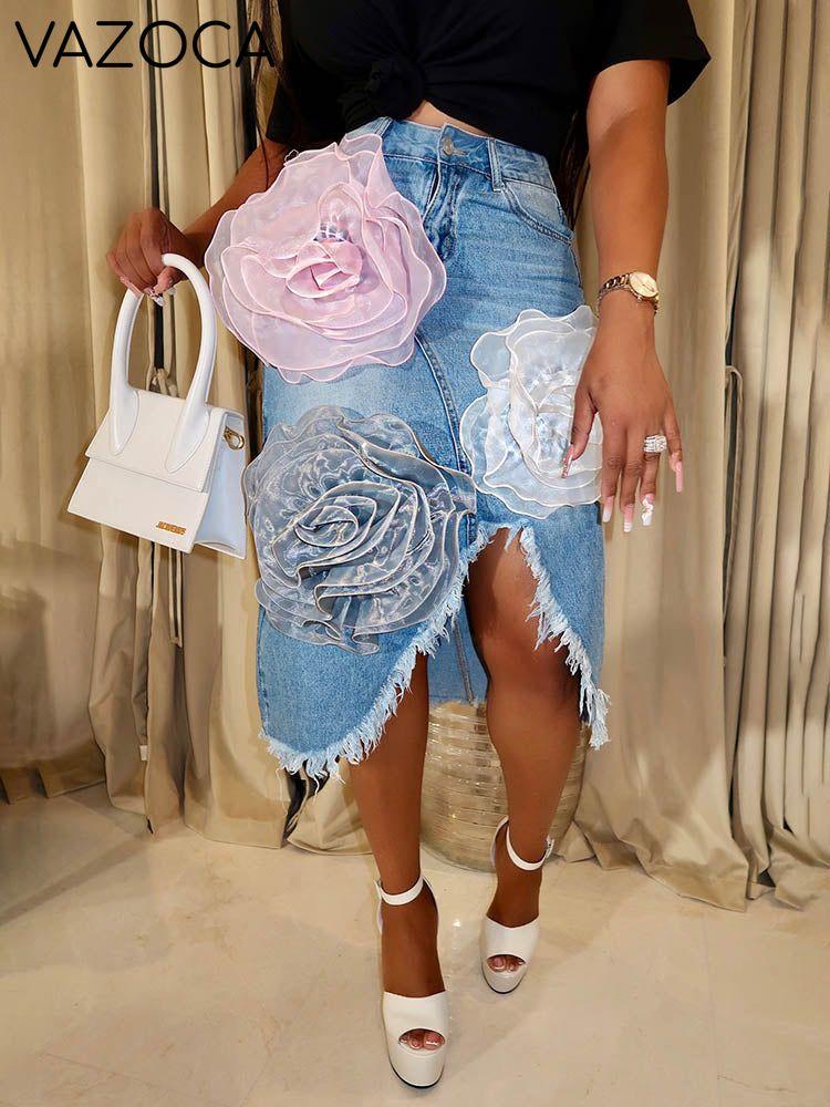 3D Floral Tee & Denim Skirt Blue Skirt