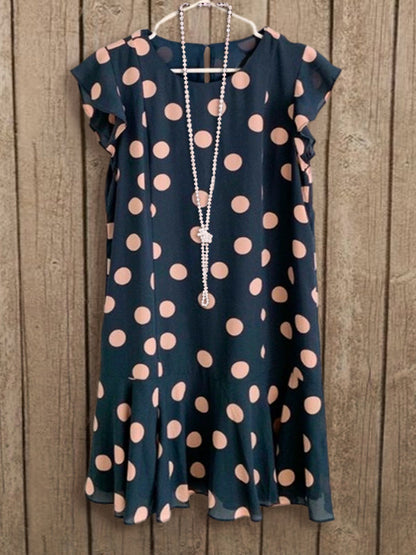 Navy Blue With Pink Polka Dots Ruffle Dress