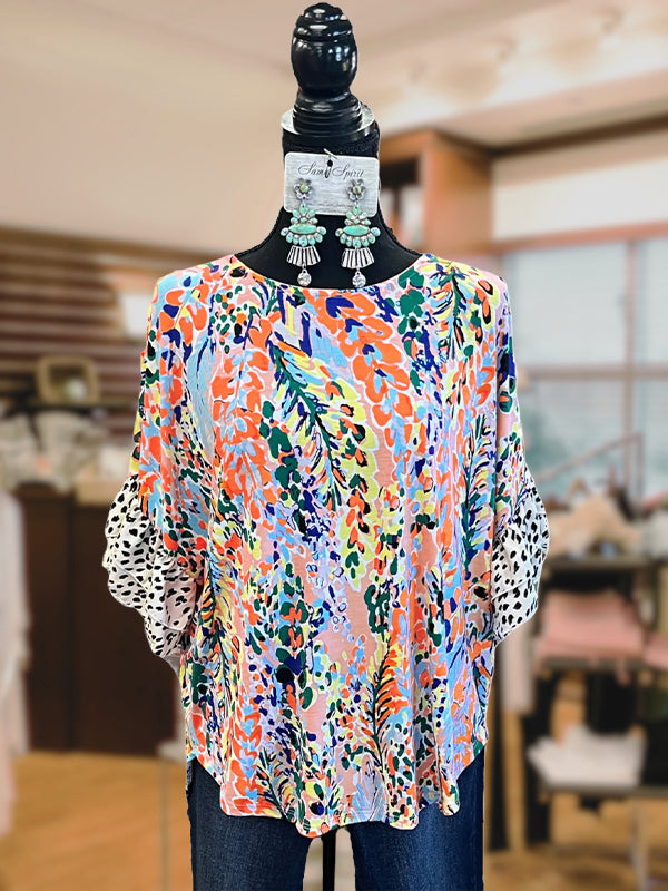 Colorful Blossom Ruffle Leopard Print Sleeve Top