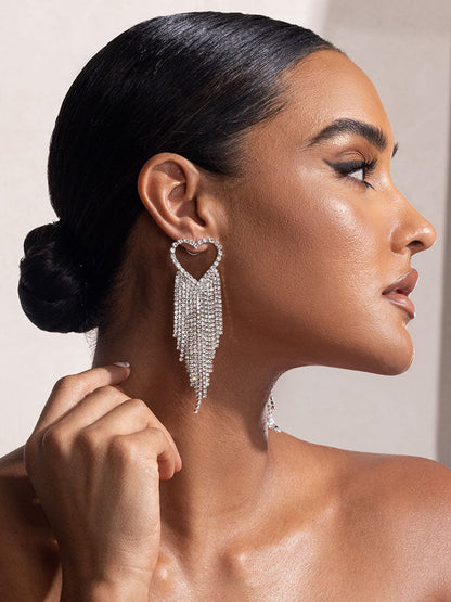 Rhinestone Heart Tassel Drop Earrings