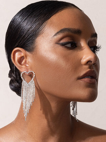Rhinestone Heart Tassel Drop Earrings