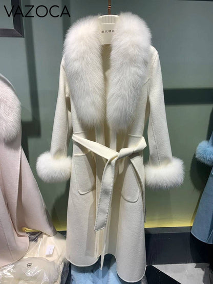 Cashmere Fox Fur Luxury Overcoat Cream