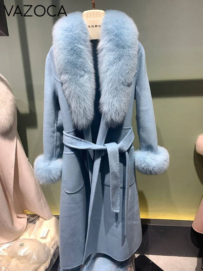 Cashmere Fox Fur Luxury Overcoat Blue