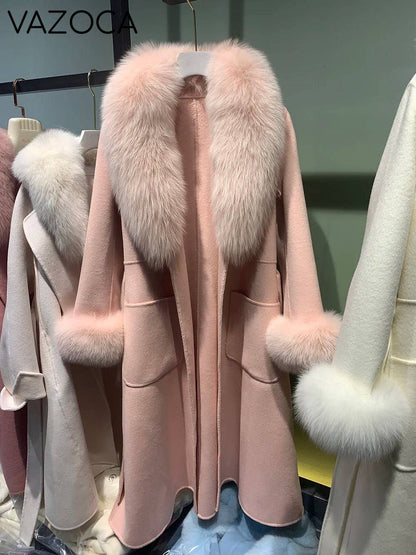 Cashmere Fox Fur Luxury Overcoat Pink