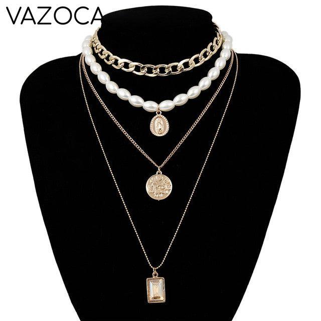 Coin Multi Layer Pearl Choker Necklace