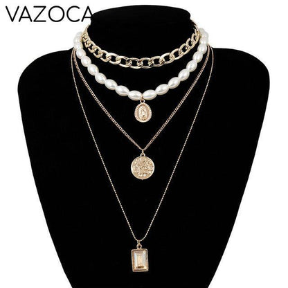 Coin Multi Layer Pearl Choker Necklace
