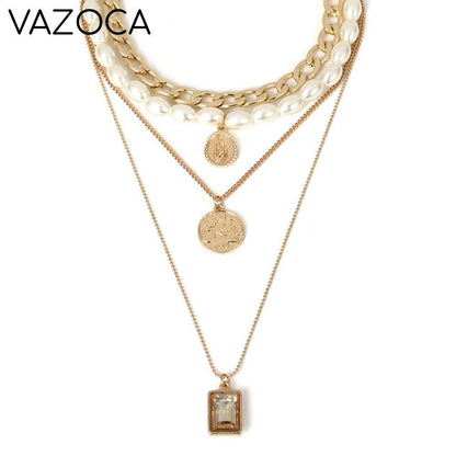Coin Multi Layer Pearl Choker Necklace
