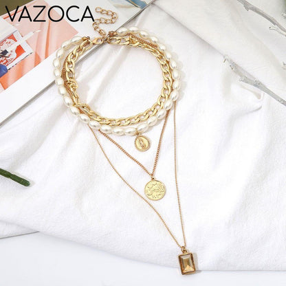 Coin Multi Layer Pearl Choker Necklace