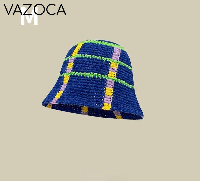 Crochet Bucket Hat blue plaid one size