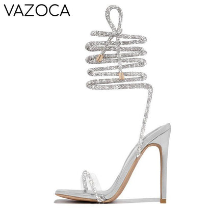 Crystal Ankle Cross Strap Heels