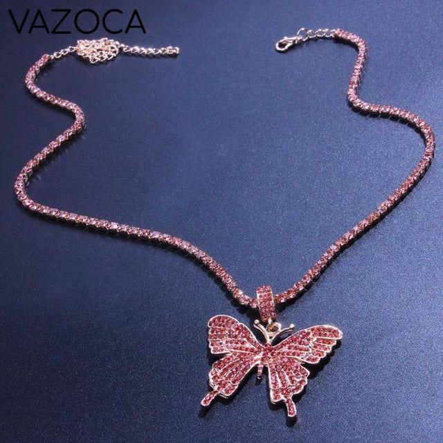 Crystal Butterfly Necklace Pink
