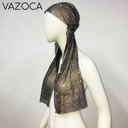 Crystal Rhinestone Fishnet Headscarf Black AB-Long One Size
