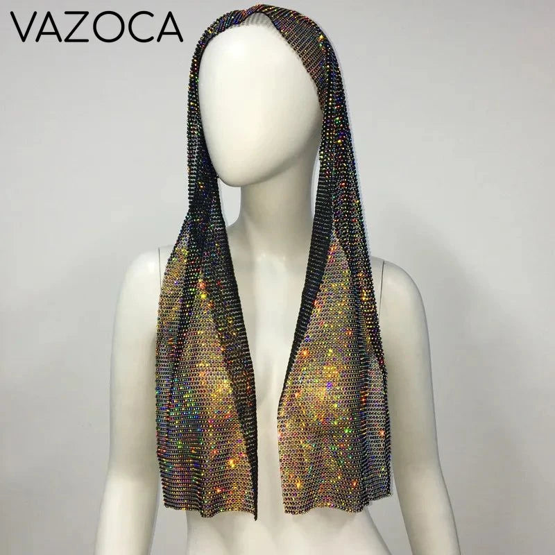 Crystal Rhinestone Fishnet Headscarf Black AB 1 One Size