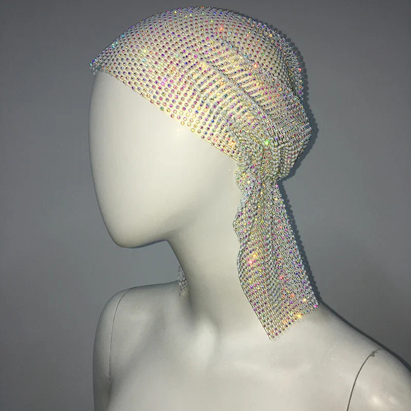 Crystal Rhinestone Fishnet Headscarf White AB One Size