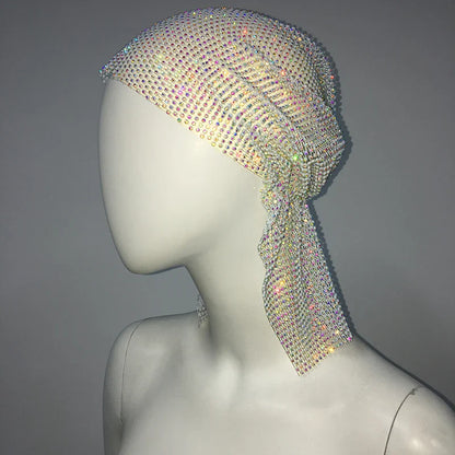 Crystal Rhinestone Fishnet Headscarf White AB One Size
