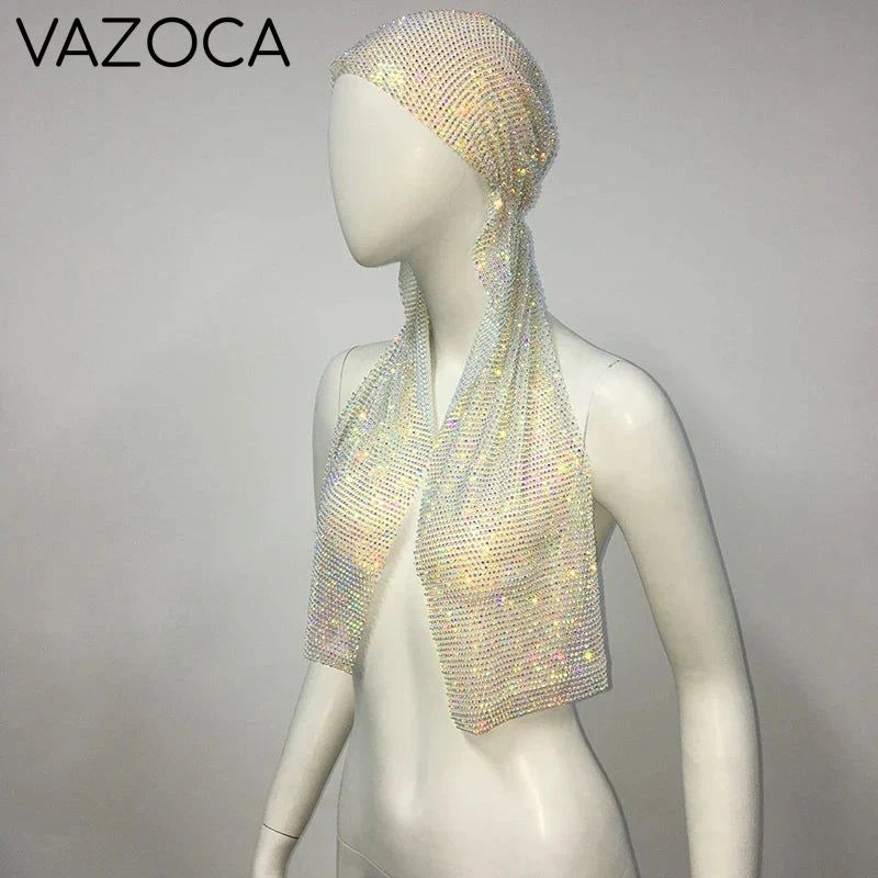 Crystal Rhinestone Fishnet Headscarf White AB-Long One Size