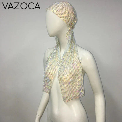Crystal Rhinestone Fishnet Headscarf White AB-Long One Size