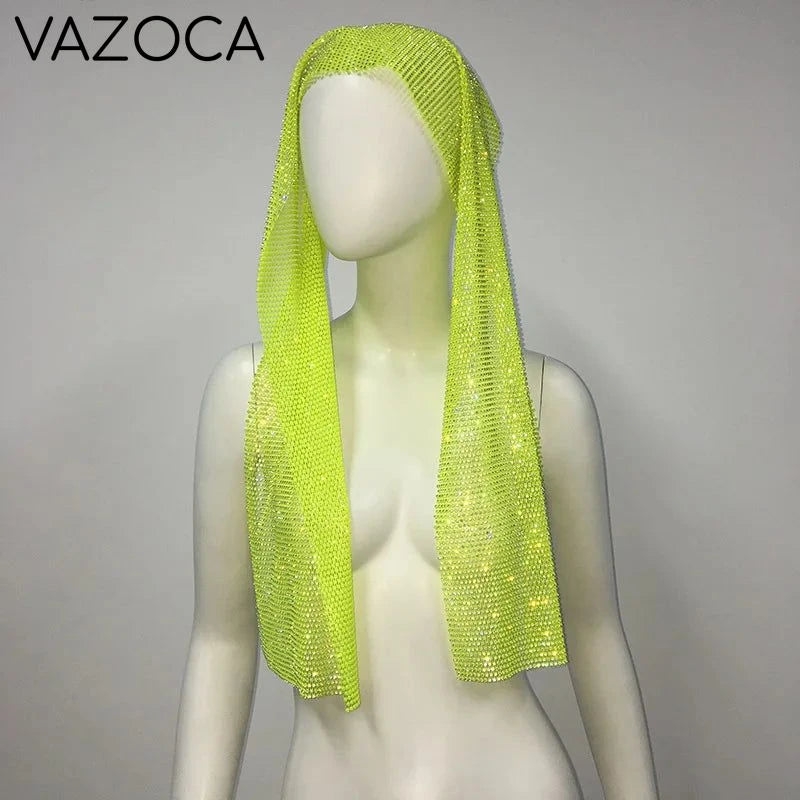 Crystal Rhinestone Fishnet Headscarf Green 1 One Size