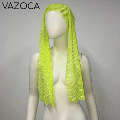 Crystal Rhinestone Fishnet Headscarf Green 1 One Size
