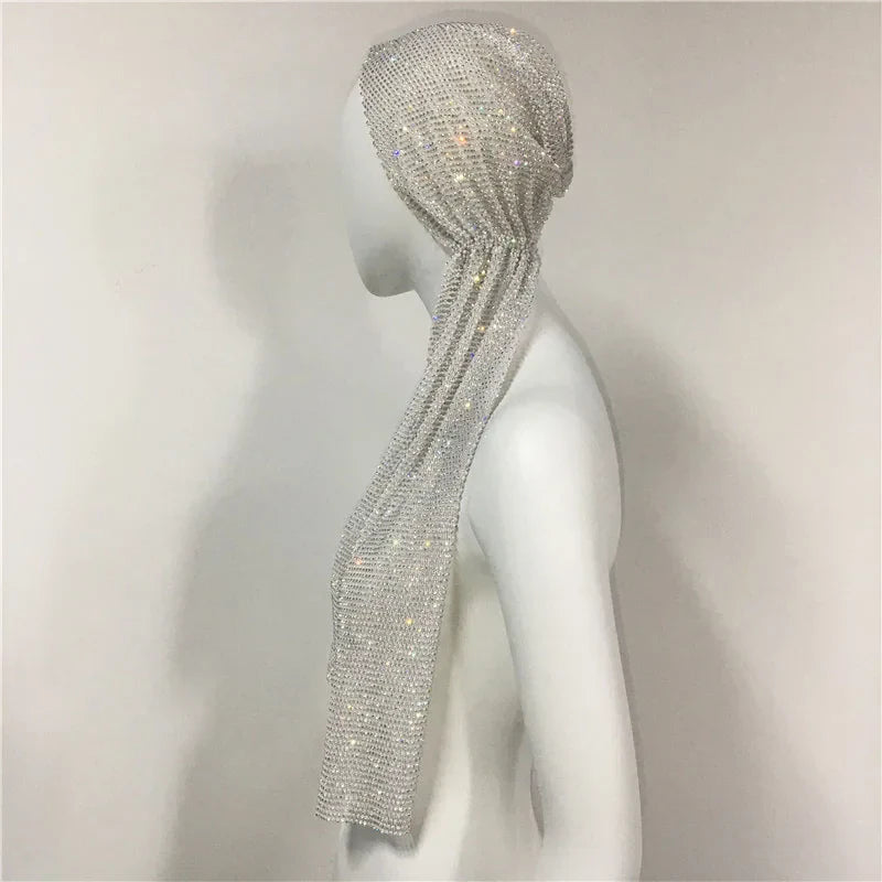 Crystal Rhinestone Fishnet Headscarf White-Long One Size
