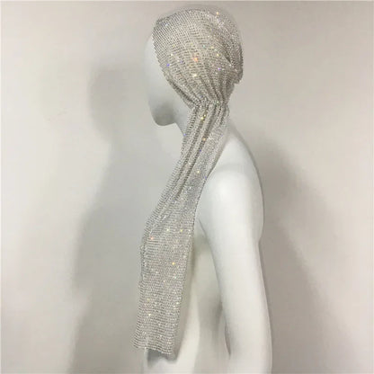 Crystal Rhinestone Fishnet Headscarf White-Long One Size