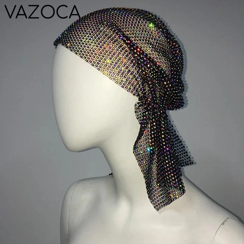 Crystal Rhinestone Fishnet Headscarf Black AB One Size