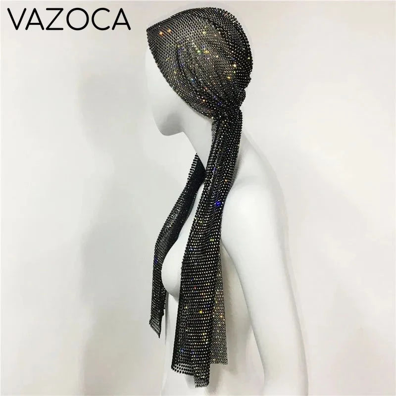 Crystal Rhinestone Fishnet Headscarf Black-Long One Size
