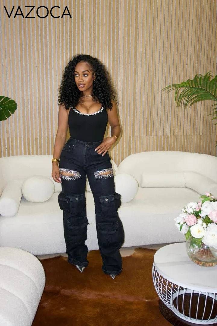Cutout Diamonds Multi Pockets Jeans
